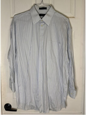 Men's Claiborne Striped Dress Shirt Neck 17 White Blue